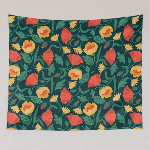 Item preview, Wild Grove — Red & Yellow Floral Seamless Pattern on Dark Green designed and sold by NicolaZhukov.