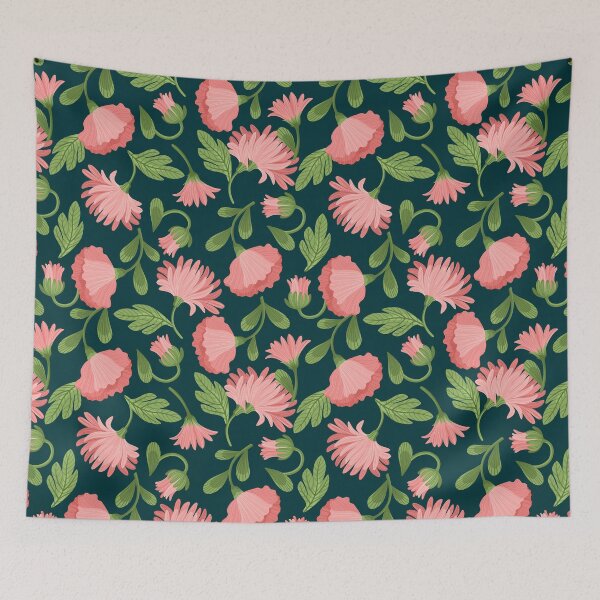 Item preview, Chrysanthemum Glow — Pink Floral Seamless Pattern on Dark Green designed and sold by NicolaZhukov.