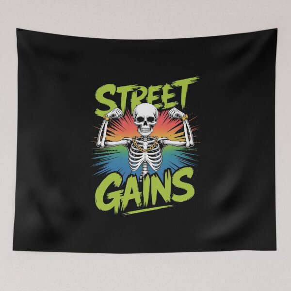 Item preview, Street Gains – Urban Skeleton Muscle Gym Art designed and sold by Enea Kelo.
