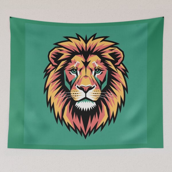 Item preview, Geometric Lion in Warm Tones on a Green Background designed and sold by bsbd-action.