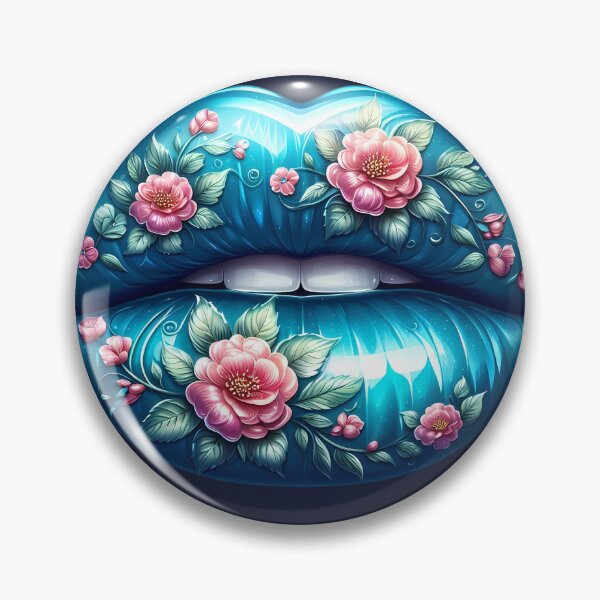 Item preview, Sky Blue Floral Lips – Glossy Lip Art with Pink Flowers designed and sold by Margival.