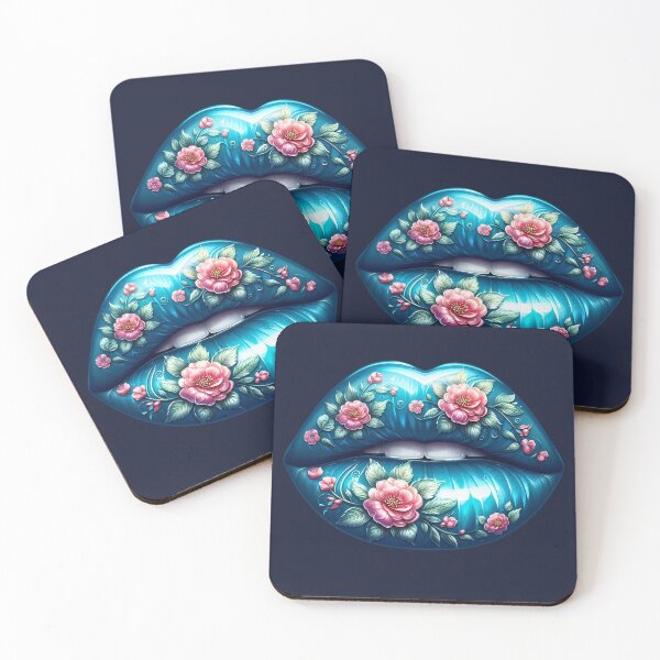 Item preview, Sky Blue Floral Lips – Glossy Lip Art with Pink Flowers designed and sold by Margival.