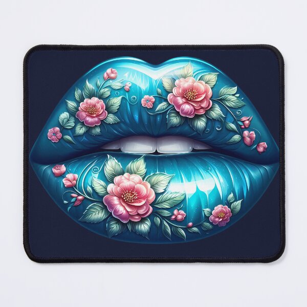 Item preview, Sky Blue Floral Lips – Glossy Lip Art with Pink Flowers designed and sold by Margival.