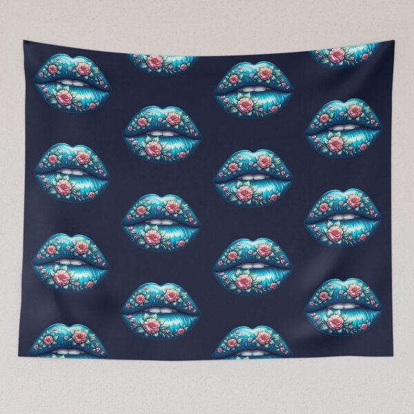 Item preview, Sky Blue Floral Lips – Glossy Lip Art with Pink Flowers designed and sold by Margival.
