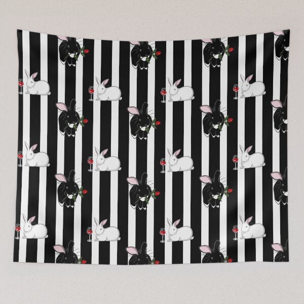 Item preview, Cute black and white rabbits on striped background  designed and sold by dreamseller88.