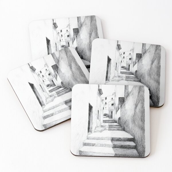 Item preview, Black-and-white pencil sketch of a narrow, steep alleyway designed and sold by MarcinJ84.