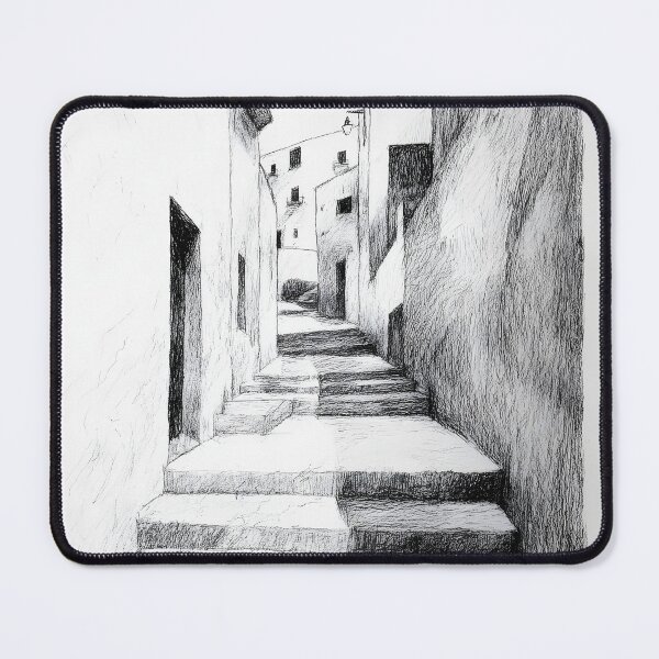 Item preview, Black-and-white pencil sketch of a narrow, steep alleyway designed and sold by MarcinJ84.
