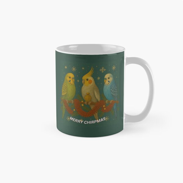 Item preview, “Merry Chirpmas – Festive Budgies and Cockatiel Christmas Art” designed and sold by GeoWild Designs.