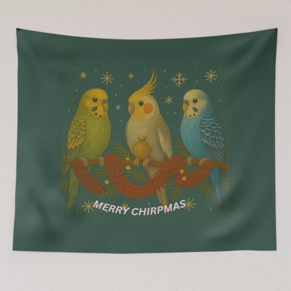 Item preview, “Merry Chirpmas – Festive Budgies and Cockatiel Christmas Art” designed and sold by GeoWild Designs.