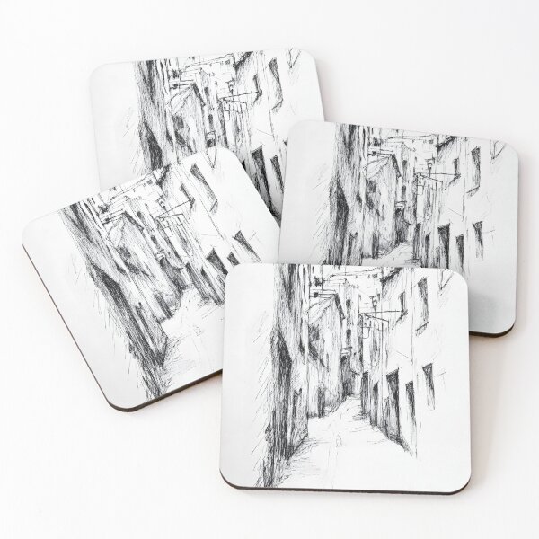 Item preview, Black and white sketch of a narrow, winding street in an old European village designed and sold by MarcinJ84.