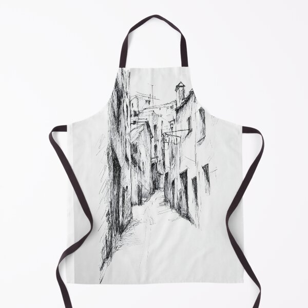 Item preview, Black and white sketch of a narrow, winding street in an old European village designed and sold by MarcinJ84.