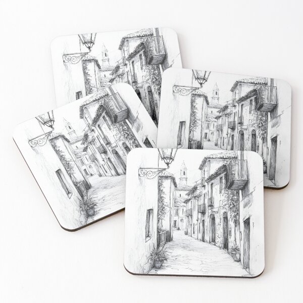 Item preview, black-and-white pencil sketch of a narrow, winding cobblestone street  designed and sold by MarcinJ84.