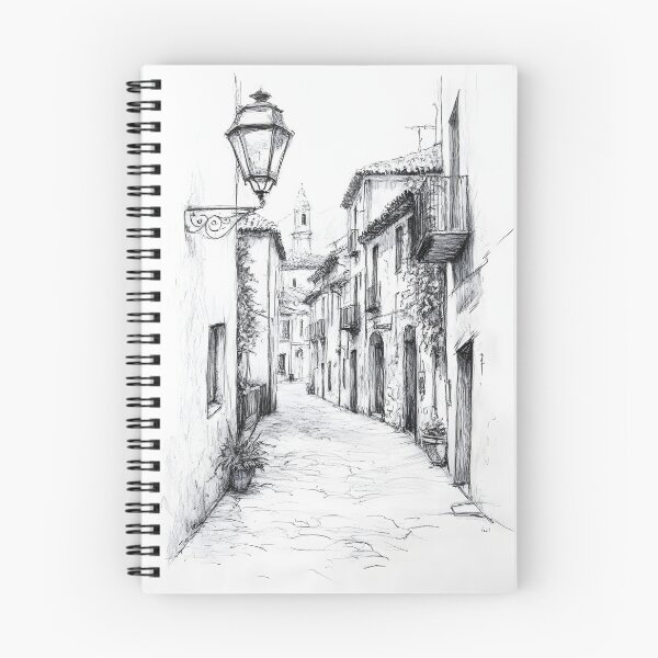 Item preview, black-and-white pencil sketch of a narrow, winding cobblestone street  designed and sold by MarcinJ84.
