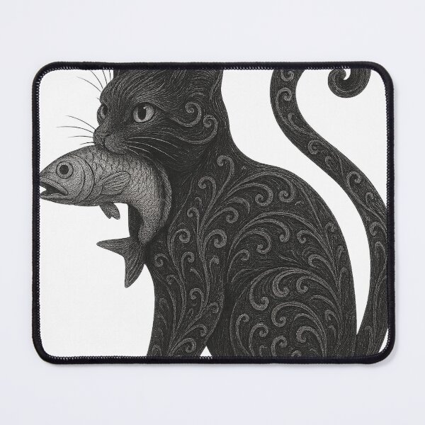 Item preview, Mystical Ornate Cat with Fish – Tattoo Style Feline Illustration designed and sold by SghettiScapes.