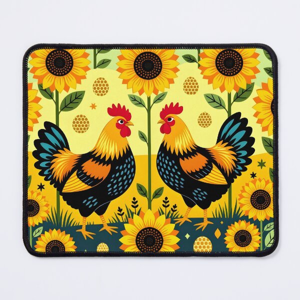 Item preview, Two Yellow and Black Roosters Facing Each Other – Folk Art Sunflower Illustration designed and sold by EmeraldeaArt.