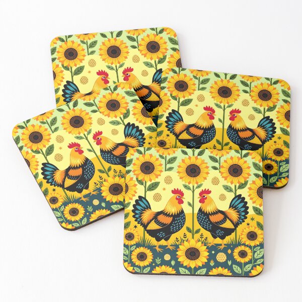 Item preview, Two Yellow and Black Roosters Facing Each Other – Folk Art Sunflower Illustration designed and sold by EmeraldeaArt.