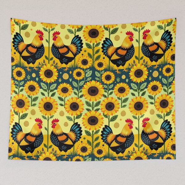 Item preview, Two Yellow and Black Roosters Facing Each Other – Folk Art Sunflower Illustration designed and sold by EmeraldeaArt.