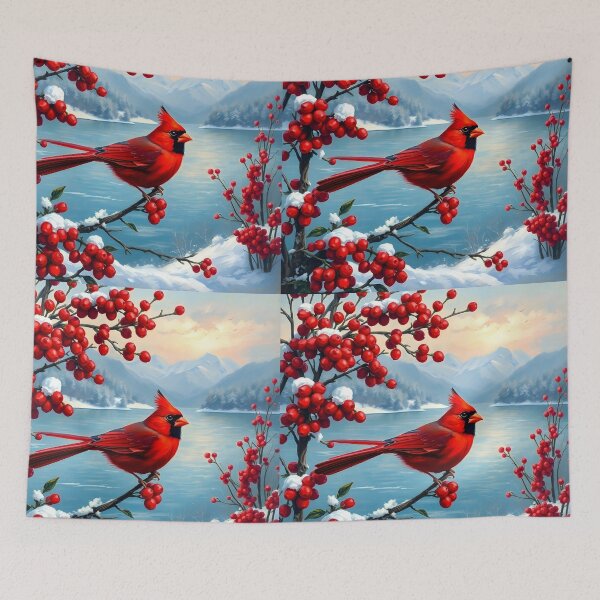 Item preview, Red Cardinal on Berry Bush – Winter Lake Illustration designed and sold by EmeraldeaArt.