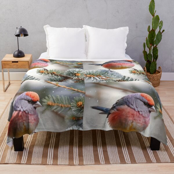 Item preview, Little Grey and Red Bird on Fir Leaves in Light Snow designed and sold by EmeraldeaArt.