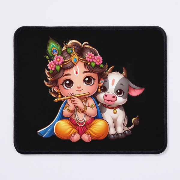 Item preview, Baby Krishna playing flute With Baby Cow, Cute Krishna Calf Art designed and sold by Kondi-Art.
