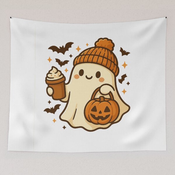 Item preview, Cute Ghost with Beanie, Pumpkin Spice & Jack-o’-Lantern – Cozy Halloween Illustration designed and sold by DailyDrivesct.