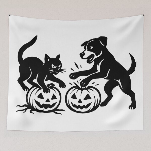 Item preview, Halloween Cat and Dog Fighting Pumpkins – Bold Black & White High-Contrast Art designed and sold by Pet Lovers Market.