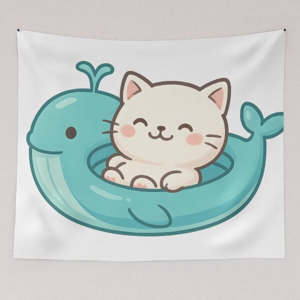 Item preview, Cute Beige Cat on Blue Whale Float designed and sold by SassyArtistry.