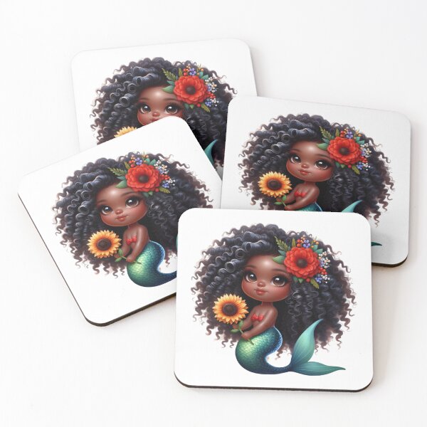Item preview, Adorable Black Mermaid with Sunflower | Afro Mermaid Art designed and sold by Lulunza.