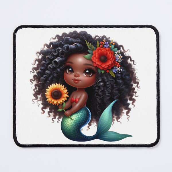 Item preview, Adorable Black Mermaid with Sunflower | Afro Mermaid Art designed and sold by Lulunza.