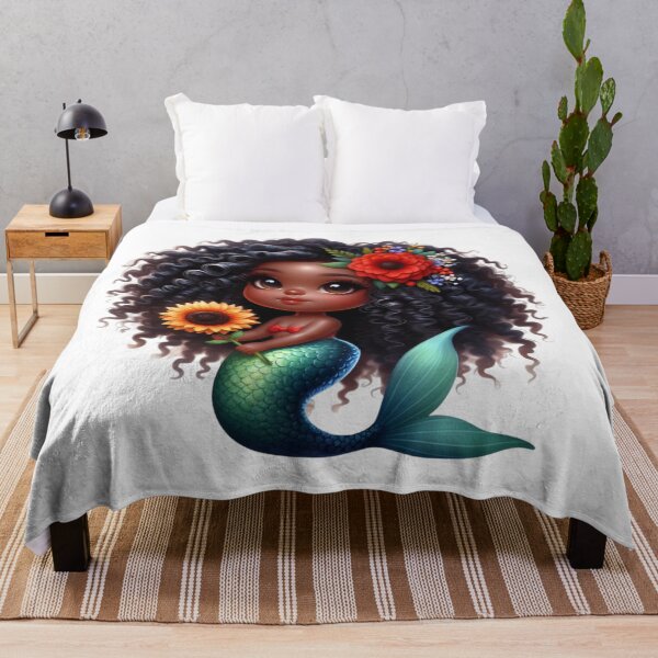 Item preview, Adorable Black Mermaid with Sunflower | Afro Mermaid Art designed and sold by Lulunza.