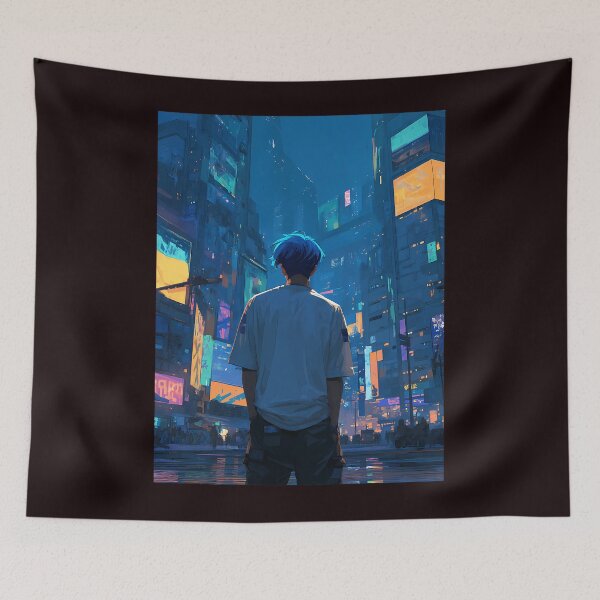 Item preview, Cyberpunk Anime Boy In Futuristic Neon City  designed and sold by Camilleblin.