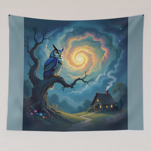 Item preview, A Majestic Owl With  Rustic Cottage With Smoke Curling From Its Chimney designed and sold by Wiss2Arts.