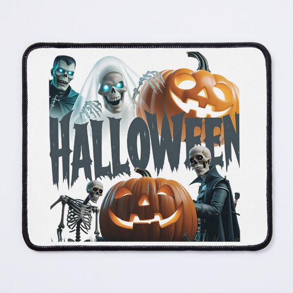 Item preview, Halloween-themed illustration featuring a skeleton in a witch hat with pumpkins, ghost, Frankentein designed and sold by PWDigitalArt.