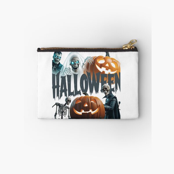 Item preview, Halloween-themed illustration featuring a skeleton in a witch hat with pumpkins, ghost, Frankentein designed and sold by PWDigitalArt.