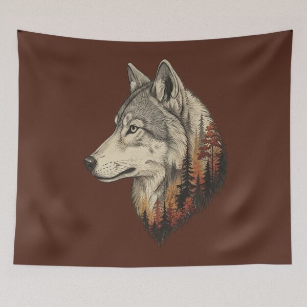 Item preview, Wolf Double Exposure Autumn Forest Illustration designed and sold by BirdsnStuff.