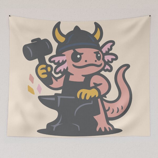 Item preview, Axolotl Viking Blacksmith – Retro Cartoon Fantasy Mascot Design designed and sold by ZethStudios.