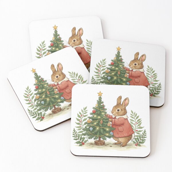 Item preview, Woodland Bunny Decorating a Christmas Tree – Cozy Holiday Illustration designed and sold by Pasteltone.