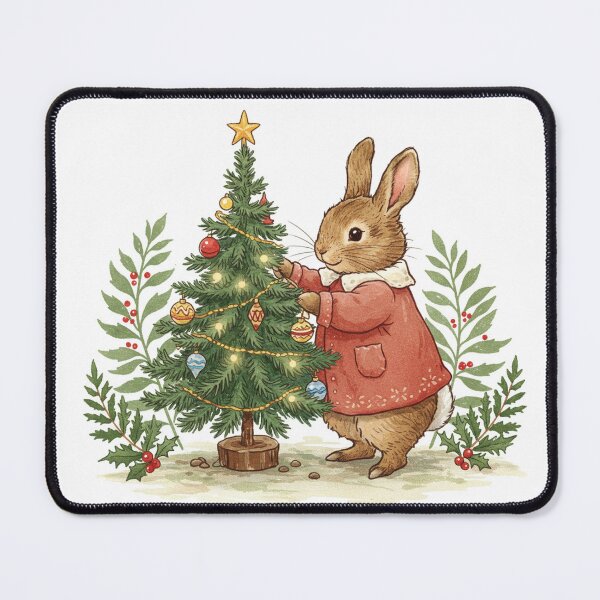 Item preview, Woodland Bunny Decorating a Christmas Tree – Cozy Holiday Illustration designed and sold by Pasteltone.