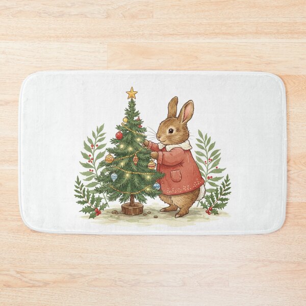 Item preview, Woodland Bunny Decorating a Christmas Tree – Cozy Holiday Illustration designed and sold by Pasteltone.