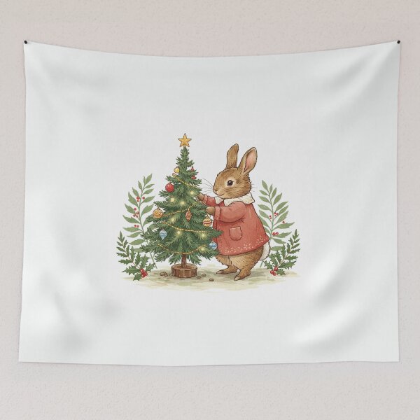 Item preview, Woodland Bunny Decorating a Christmas Tree – Cozy Holiday Illustration designed and sold by Pasteltone.