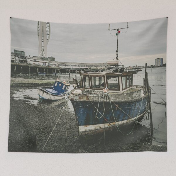 Item preview, Retro Portsmouth Harbor with Spinnaker Tower and Vintage Boat designed and sold by DiscoverySB.