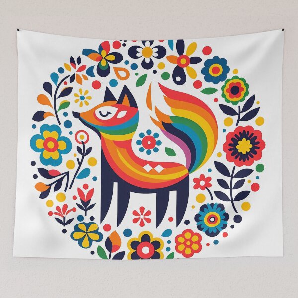 Item preview, Scandinavian Folk Art Fox in Colourful Flower Circle by heidiannemorris © designed and sold by FOLK ART FUSION by heidiannemorris.