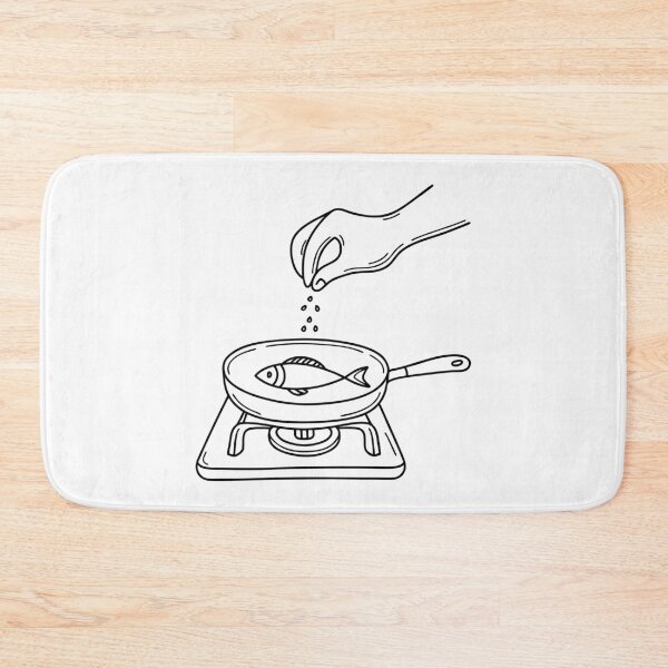 Item preview, A pinch of salt falling from fingers over fish at pan designed and sold by rasagamastore.