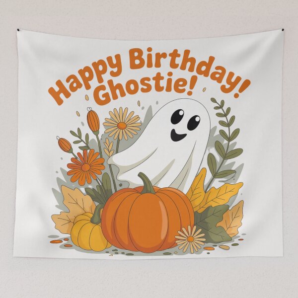 Item preview, Halloween Birthday Ghost Design Cute Ghostie with Pumpkin & Fall Flowers Spooky Autumn Celebration Artoral Design for Spooky Season designed and sold by wellie-chic.