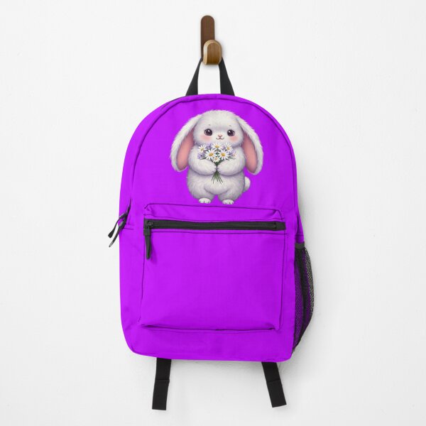 Item preview, Fluffy White Bunny with Purple Ears Holding Daisy Bouquet designed and sold by PixelVibe782.