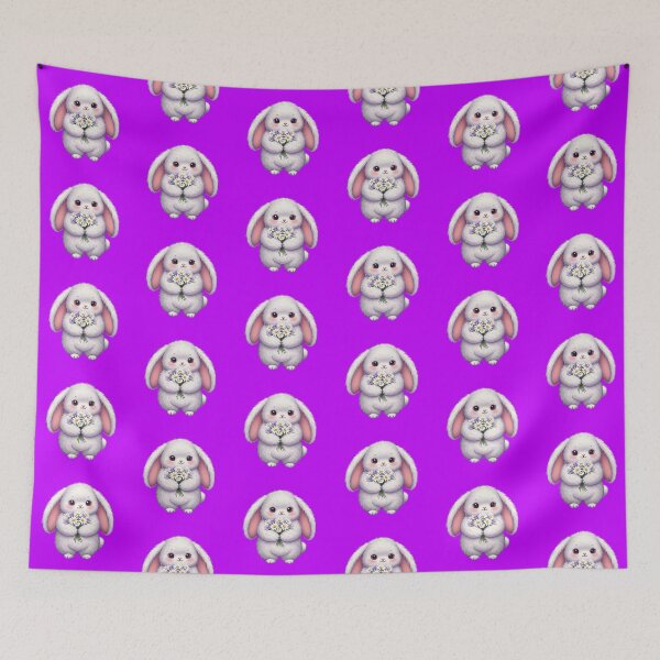 Item preview, Fluffy White Bunny with Purple Ears Holding Daisy Bouquet designed and sold by PixelVibe782.