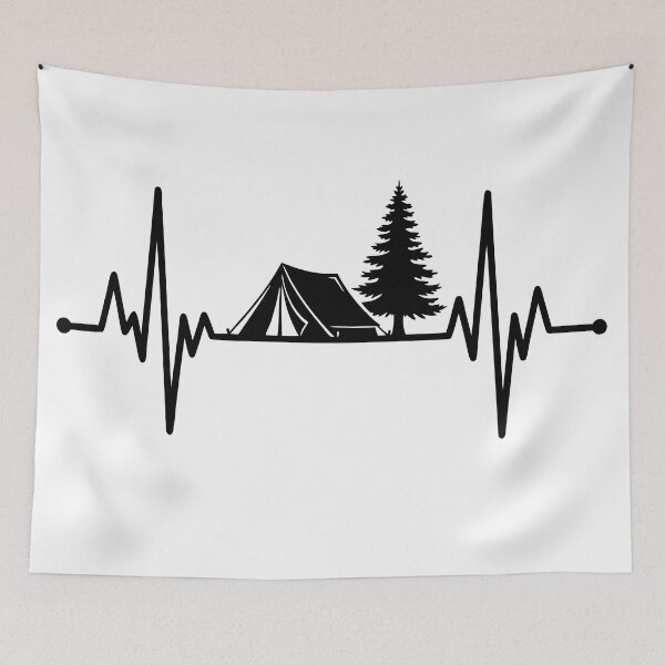 Item preview, Camping tent and pine trees heartbeat line silhouette designed and sold by AFernandesDSG.