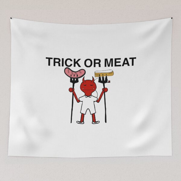 Item preview, Cartoon illustration of a little Halloween devil holding two forks poking sausage and bread. designed and sold by nongsao4.