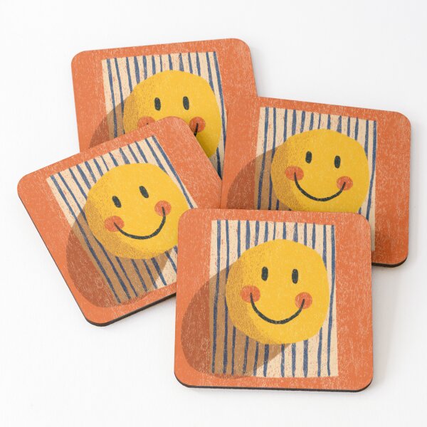 Item preview, Yellow smiley on orange-blue stripes designed and sold by ArtHouseNiklas.