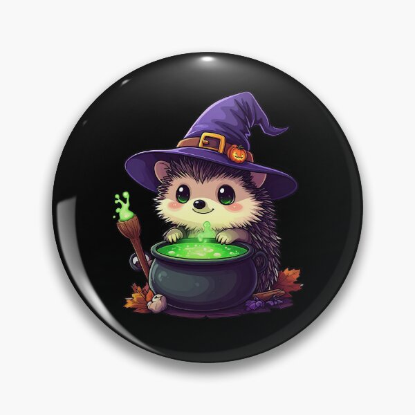 Item preview, Cute hedgehog in a witch hat stirring a bubbling green potion in a cauldron during autumn designed and sold by ShopThousand.